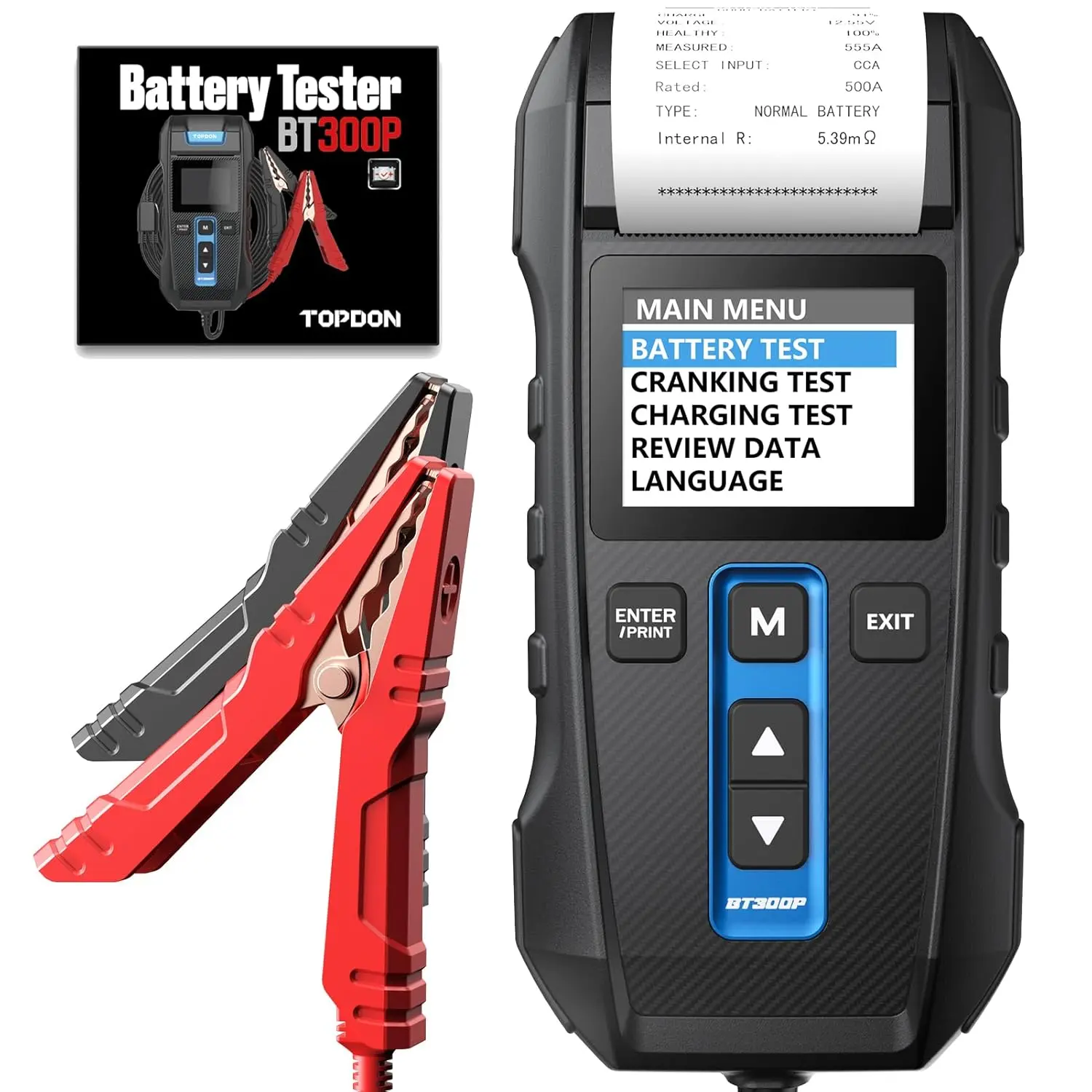 TOPDON BT300P Automotive Vehicle Battery Tester - 12V-24V, 100-2000CCA Lead-Acid Batteries, Built-in Printer, Spark-Free Clamps, Automatic Reverse Polarity Protection, Multilingual Support for Spanish/Russian/Italian Users