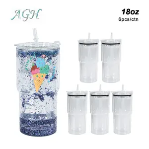 AGH US 6pcs 18oz Snow Globe Plastic Tumbler with Clear Lid Double Wall Water Bottle with Pre Drilled Hole and Plug for DIY Glitter Gifts
