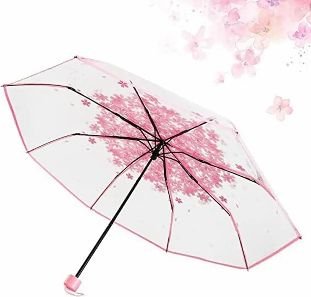 Three Fold Umbrella Women Transparent Clear Cherry Blossom Mushroom Sakura Folding Sunshade Rain Umbrellas