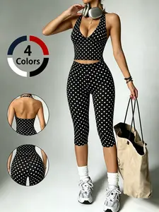 Y2K Summer New V Neck Fashion Casual Polka Dot Pattern Sexy Halter Tight Short Tank Top + Mid Waist Butt Lifting Seven-Quarter Pants Set for Women