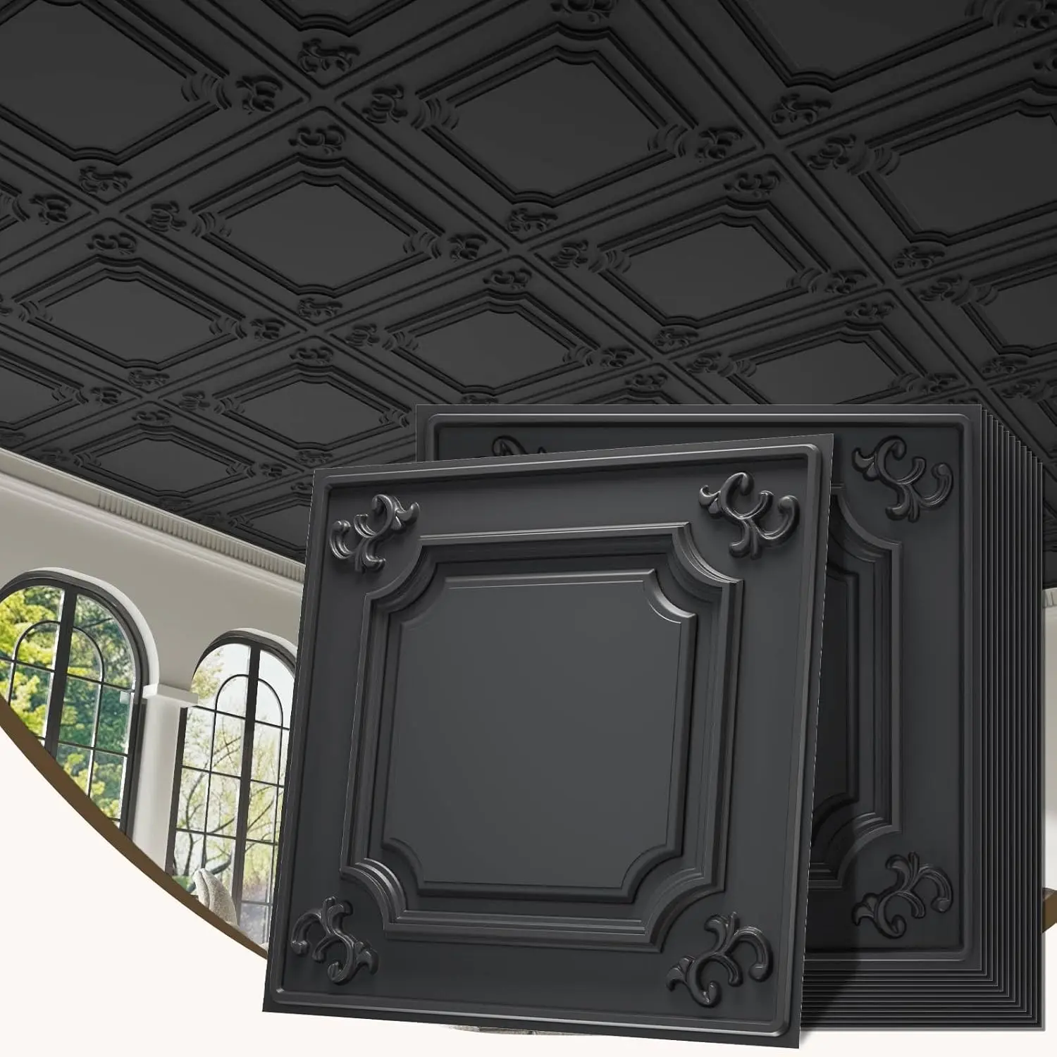 LooYee 24 PCS 24x24 In (2x2Ft) Black PVC Fantasy Geometric French Style 3D Ceiling Tiles, Lightweight Waterproof Washable Plastic, Heat Insulation Fade-Resistant, 96 Sq.Ft Coverage for Living Room Bathroom