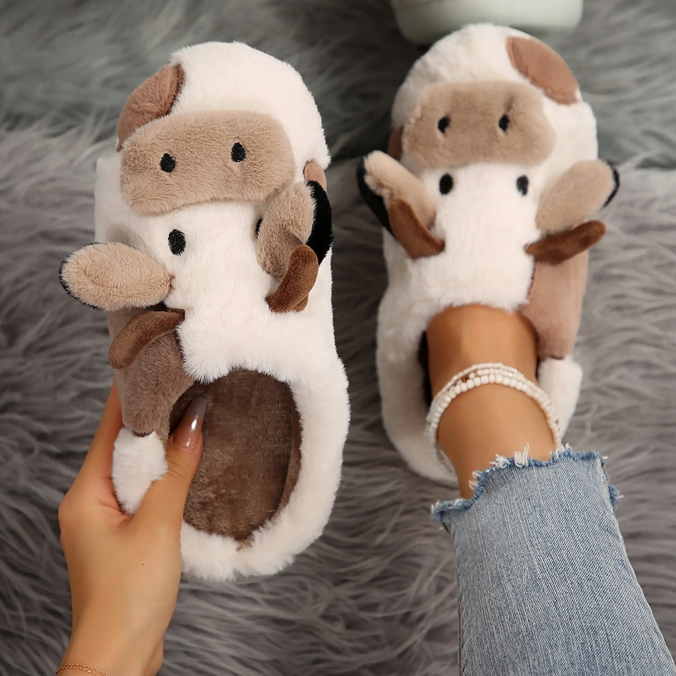 Women Cartoon Cow Cotton Slippers Cute and Comfortable Plush Animal Slippers Winter Indoor and Outdoor Slippers Shoes Footwear Khaki