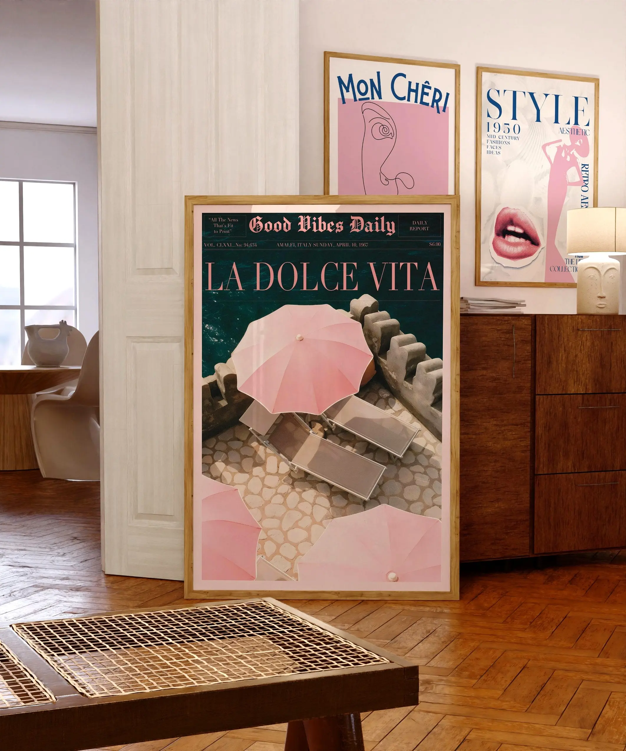 La Dolce Vita Amalfi Coast Beach Vibe Art Print Poster, Minimalist Lightweight Blush Pink Newspaper-Style Wall Decoration, Modern Artistic Collectible Room Decor Gift