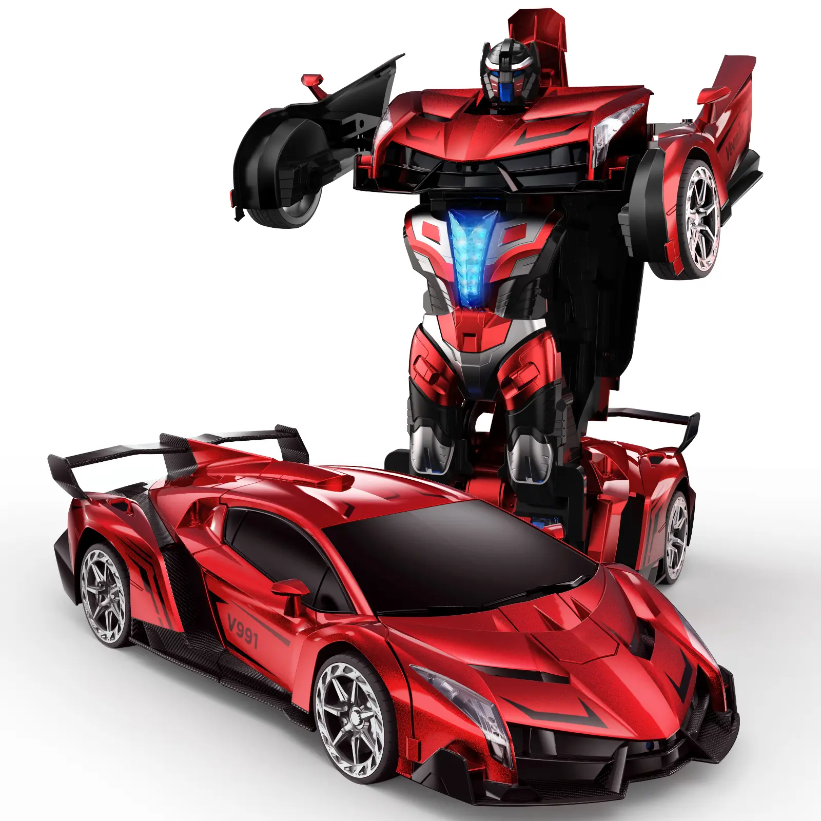 Veeniix V991 Transform RC Model Car - 1:10 Big Size, 2 Rechargeable Batteries (70Min Runtime), 2.4GHz Gesture Sensing, 1-Key Deformation, Battery-Powered Remote Control Toy, Smart Kids' Gift (Red), Battery-Powered Remote Control Cars