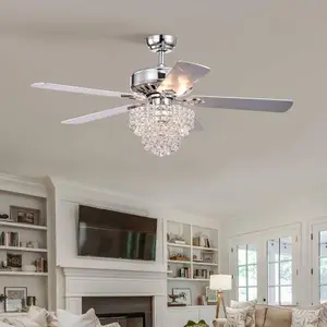 52 INCH Crystal Ceiling Fan Lamp With Remote Control 3 Speed (High, Mid, Low), 5 Reversible Blades for Living Room, Dining Room, Bedroom, Family Room, Chrome ,3PCS*E12(NO Include Bulb )