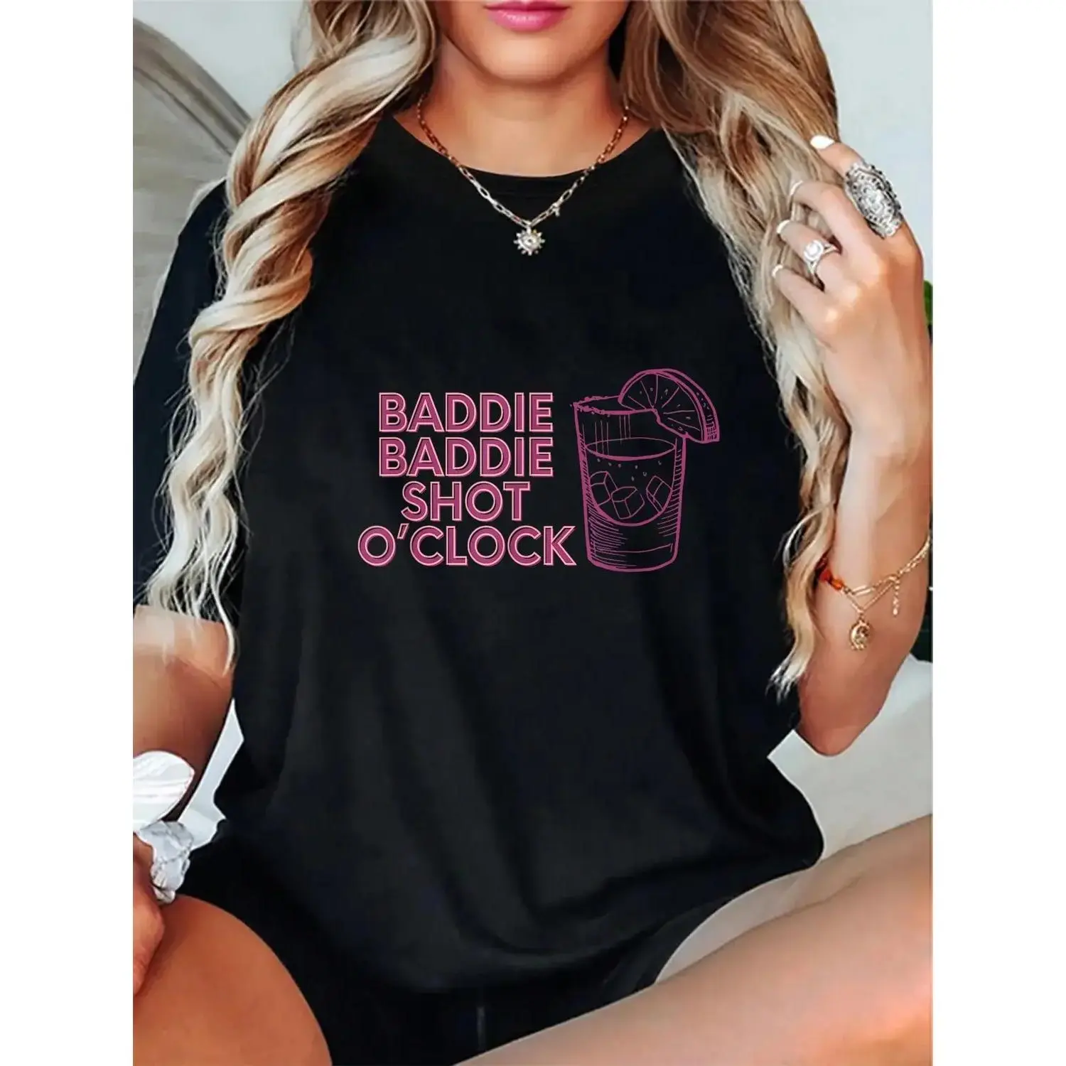 Women's 100% Cotton Soft Fitted Short-Sleeve T-Shirt - Casual Lady's Streetwear, Shot O'clock Drinking Theme Comfy Top for Summer