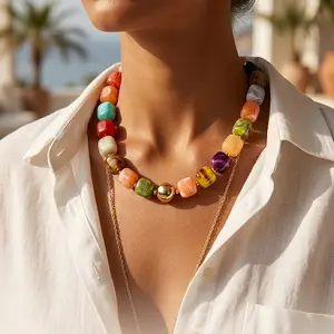 Women's Vibrant Boho Chunky Colorful Beaded Necklace - Large Square Resin Beads, Adjustable Choker, Boho Style Beaded Fashionable Accessory for Daily Summer Beach Outfits