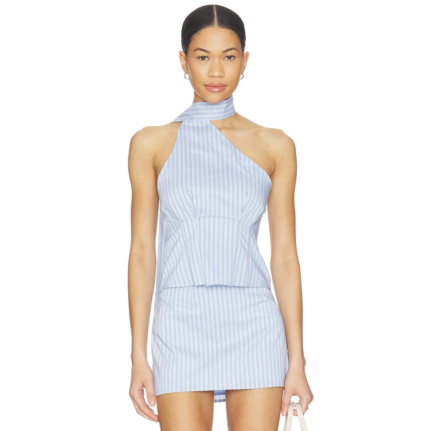 Women's Sleeveless Sandy Tie Neck Striped Top - Lightweight Fabric, Scarf-Accent, Blue Stripe Design