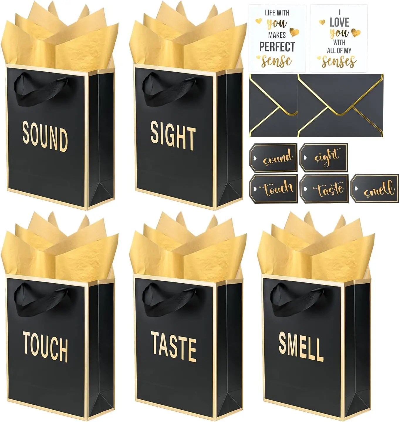Foil 5 Senses  Bags for Him Her with Labels Envelopes and Cards, Sight Smell Touch Taste Sound  Bags with Tissue Handle for Birthday, Anniversary, Mother's Day, Valentine's Day(9x7x3.15inch)