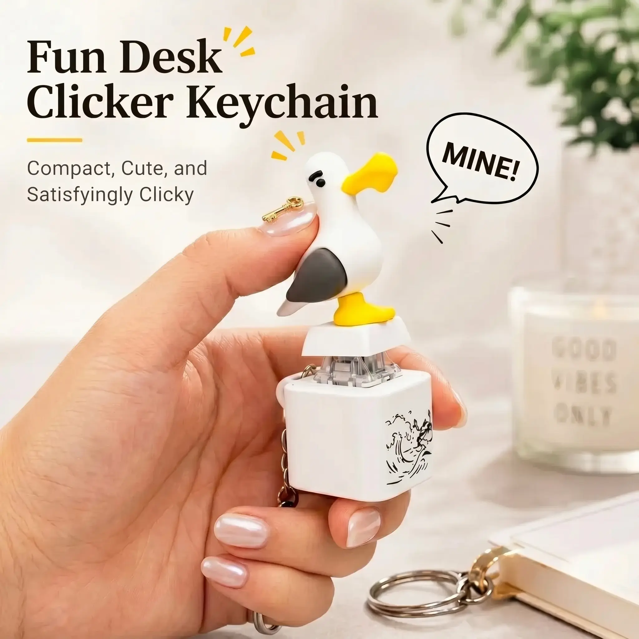 Cartoon Seagull Keychain with 'MINE!' Button, Interactive Accessory with Sound & Backlit LED Light, Compact Funny Gift for Kids & Adults Key Rings