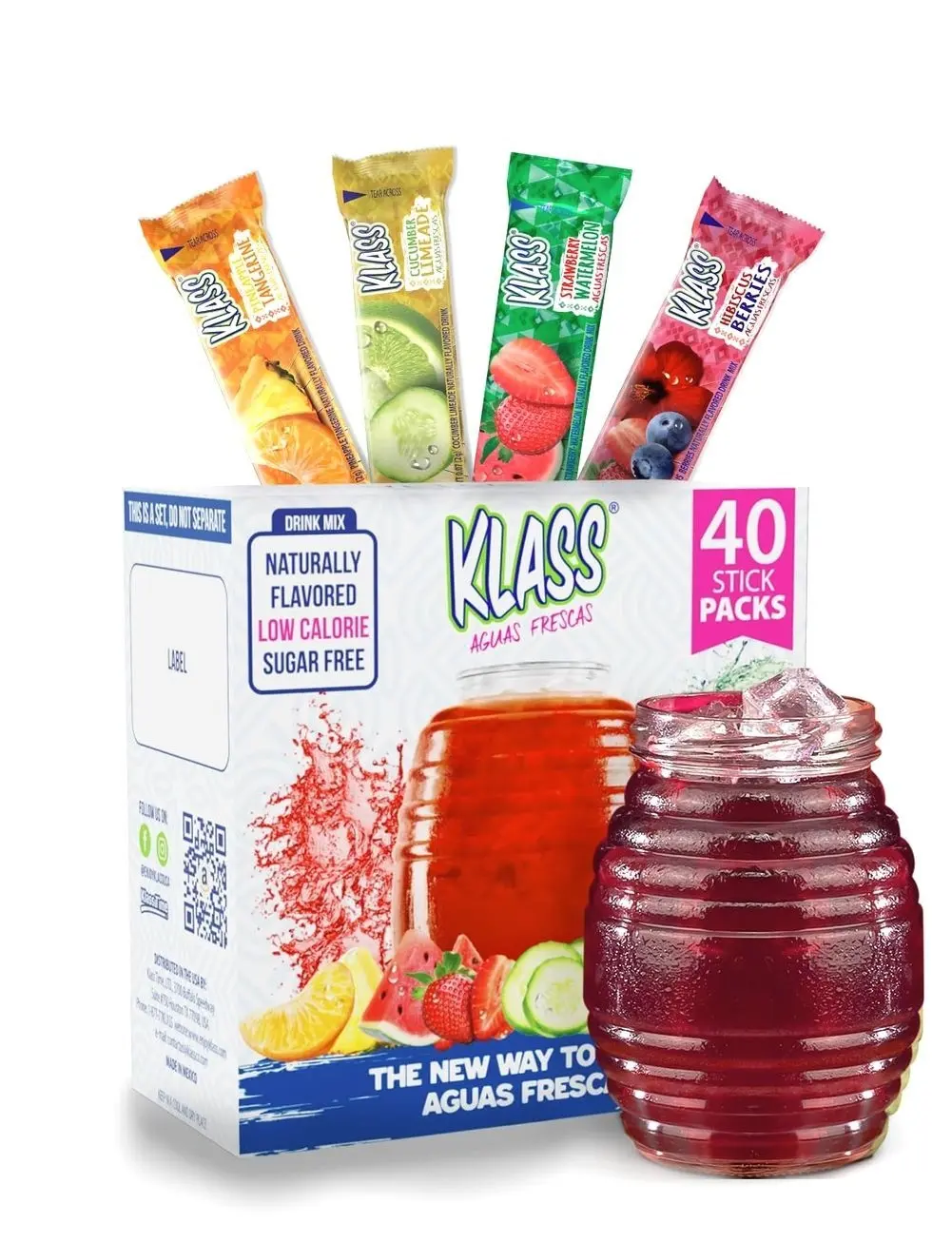 Klass Aguas Frescas Classic Variety | Zero Sugar Drink Mix | 40 Sticks | Natural flavors, only 5 calories per packet, caffeine free, cucumber limeade, strawberry watermelon and hibiscus mix Fruit