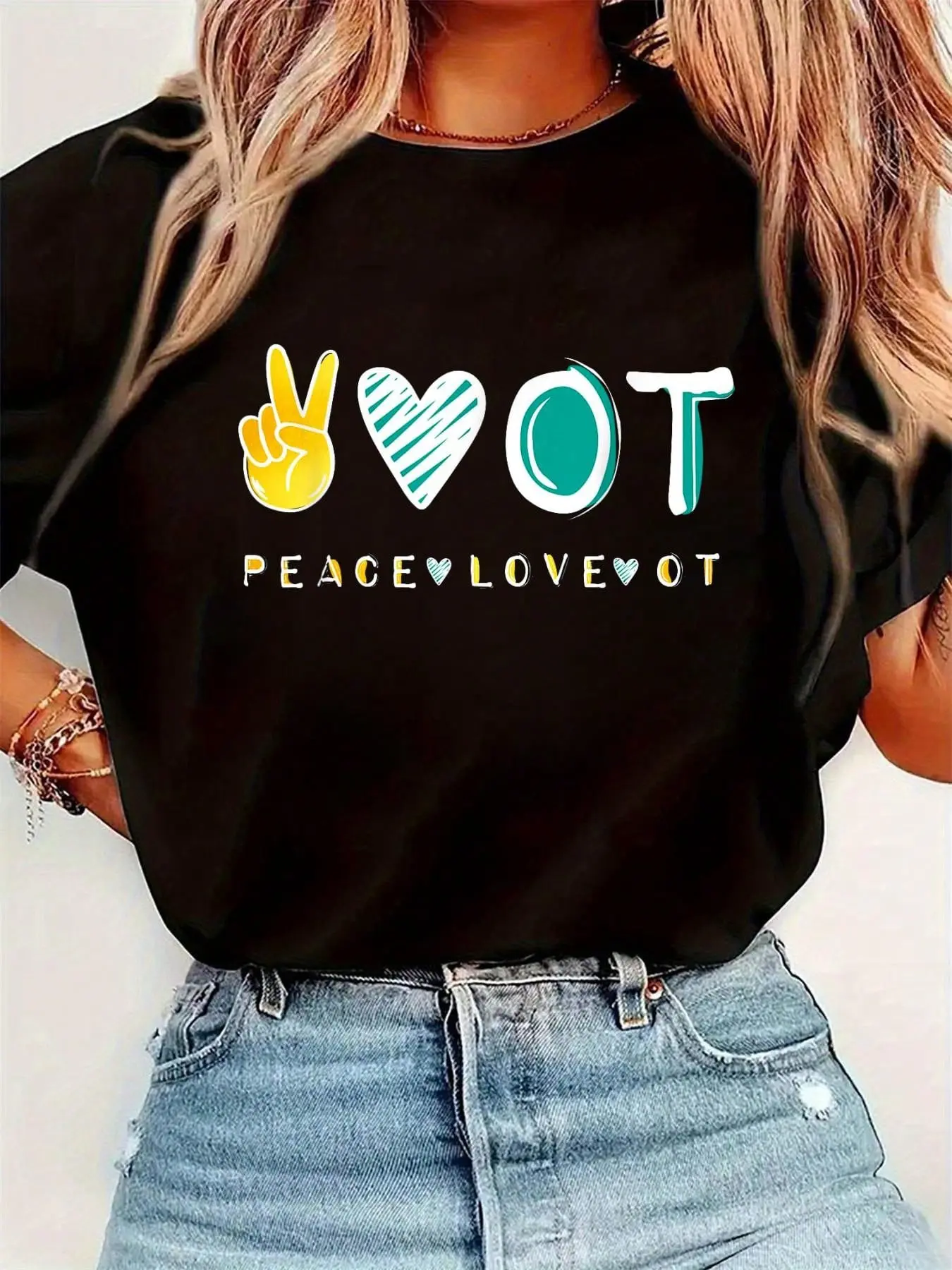 Women's Comfortable Crewneck Short-Sleeve Colorful Graphic T-Shirt - OT/OTA Peace Love Occupational Therapy Therapist Gift Top