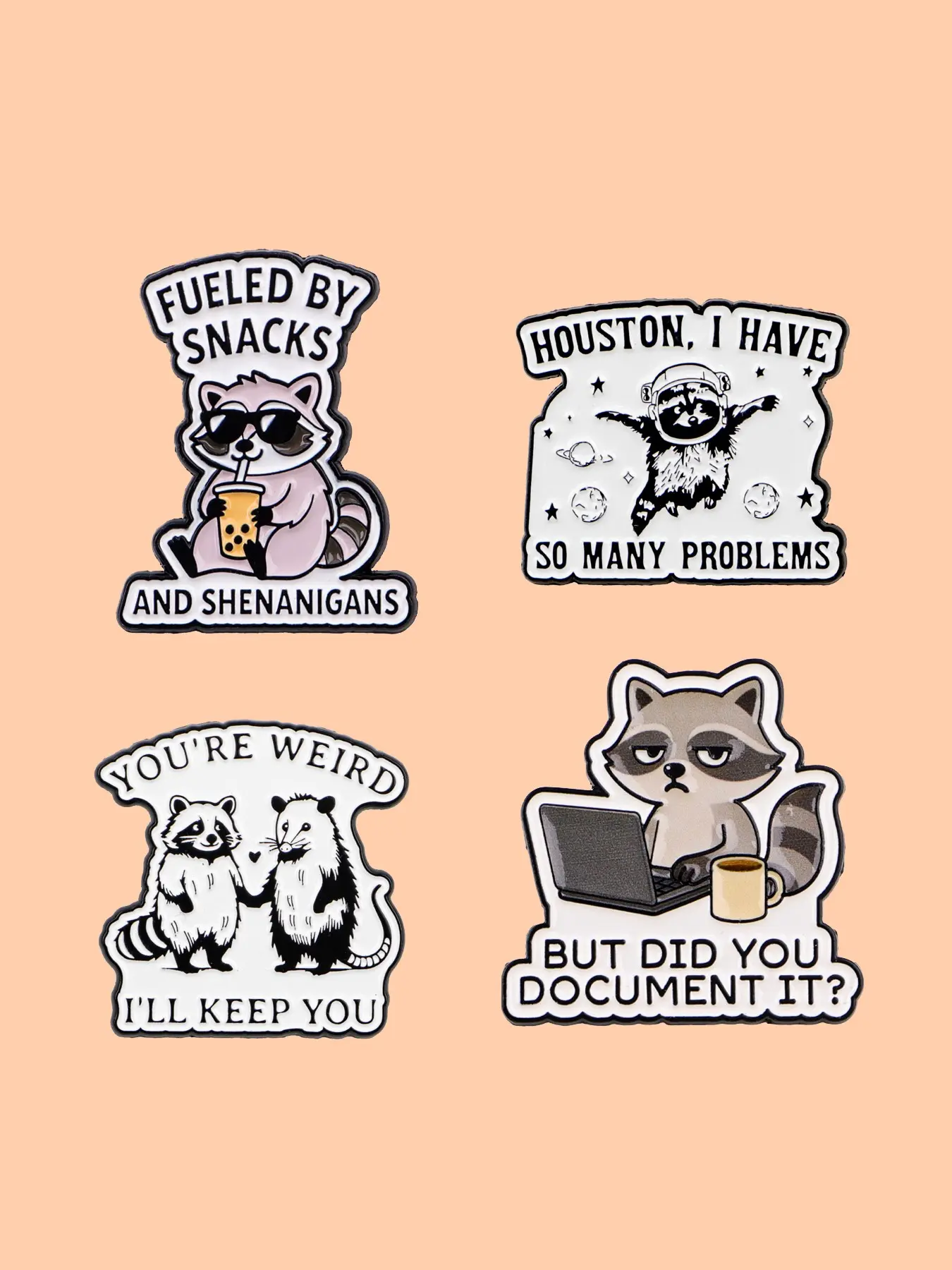 4pcs/set Raccoon & Quote Enamel Pins, Lapel Pins, Zinc Alloy Unique Design Badges, Backpack Women's Brooches, Fashion Jewelry Accessories