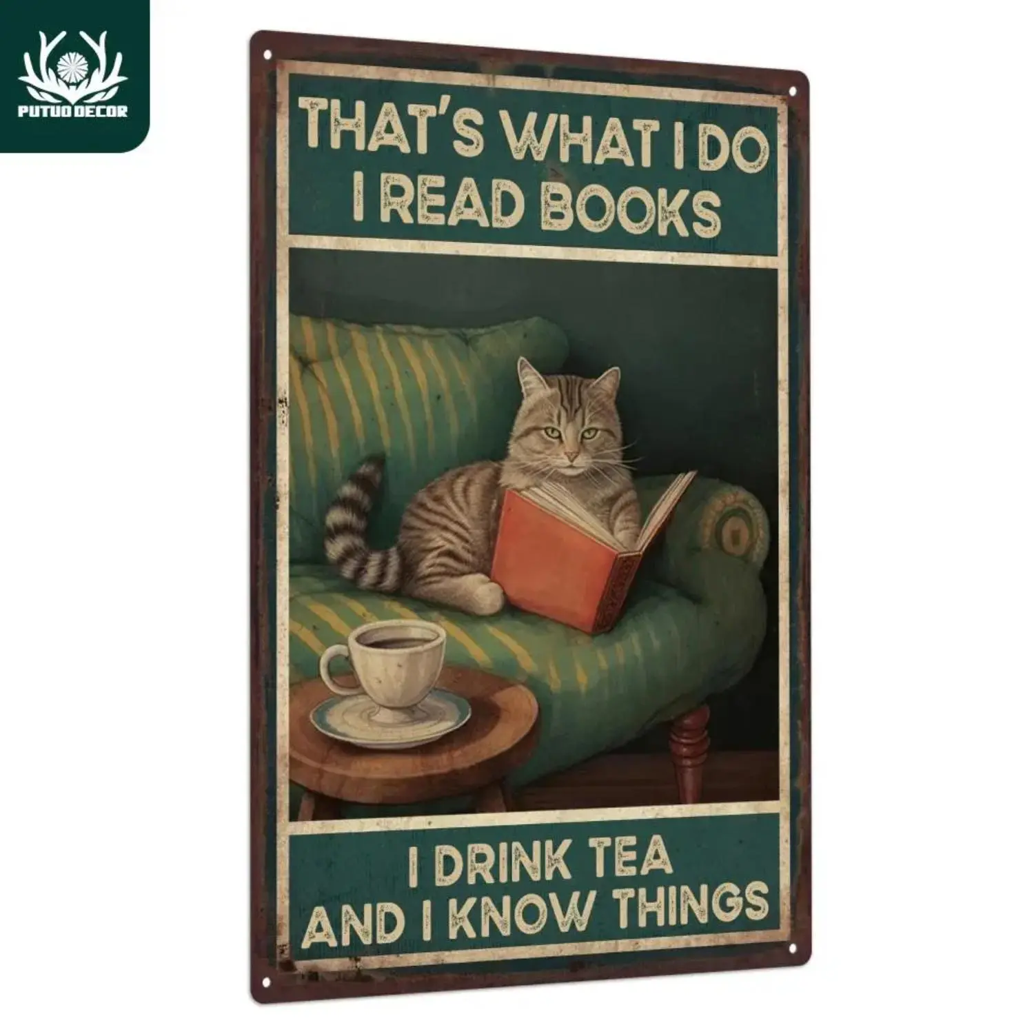 Cat Reading Book Pattern Metal Sign, Retro Reading Book Wall Art, Wall Decor for Home Living Room Bedroom Study Room
