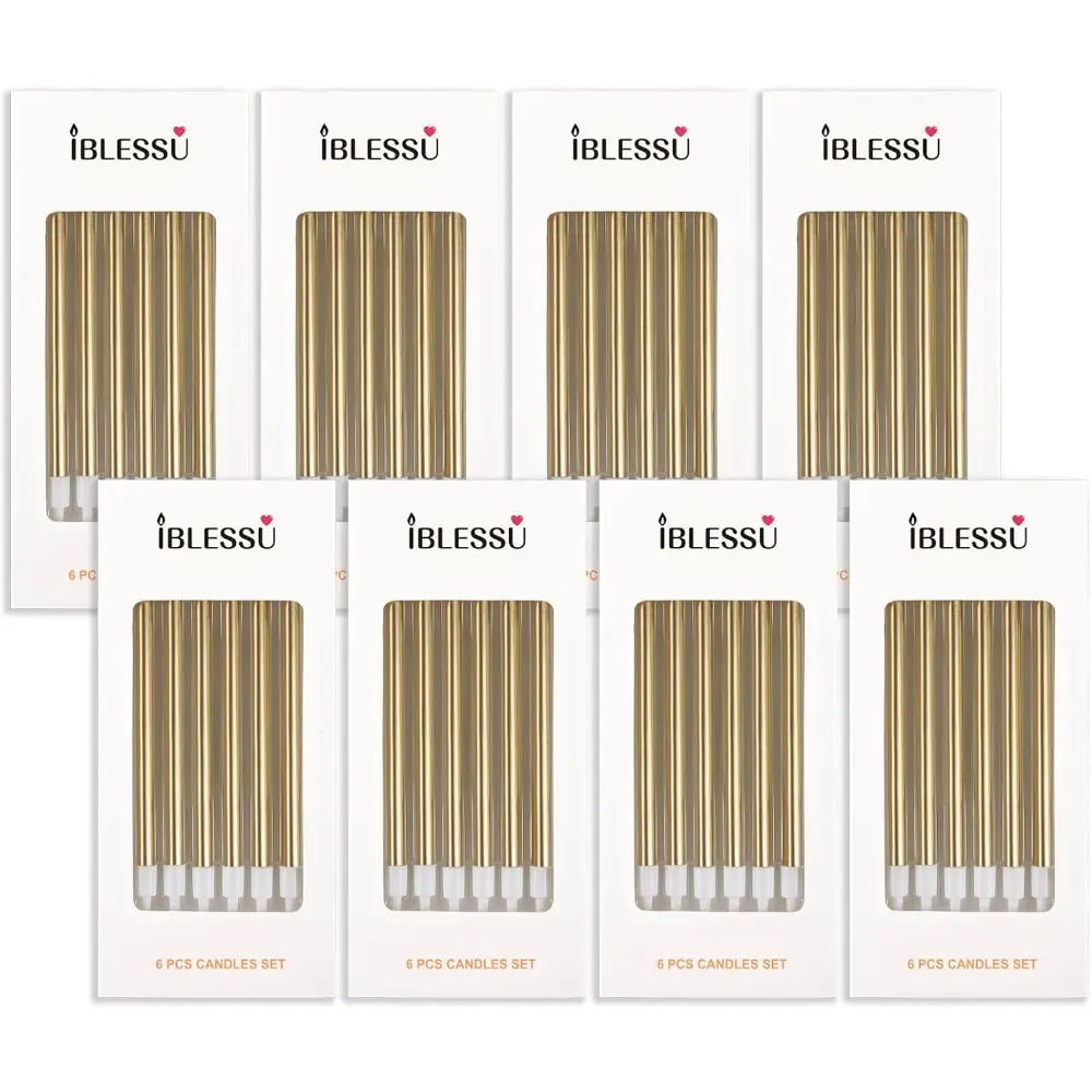 Shiny Metallic Champagne Gold Wax Party Candles Pack - 48 Pcs Tall Long Home Decor, Happy Birthday Cake Toppers for Celebrating Anniversaries