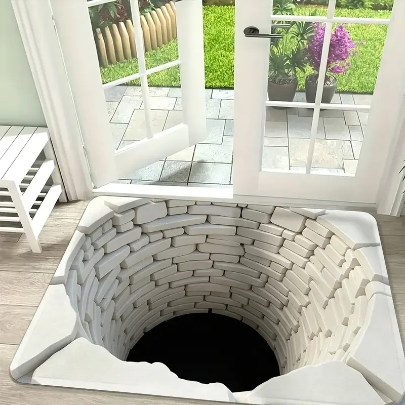 3D Stone Well Deep Hole Doormat, Flannel Optical Illusion Floor Mat with Realistic Abyss Effect, Funny Visual Trick Rug for Entryway Living Room Bedroom Bathroom, Halloween Party & Housewarming Gift