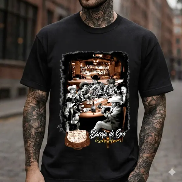 Baraja De Oro T-shirt, Chalino Music Sanchez Mens Shirts Graphic Cotton Short Sleeve, For Women & Men, Full Size Full Color.