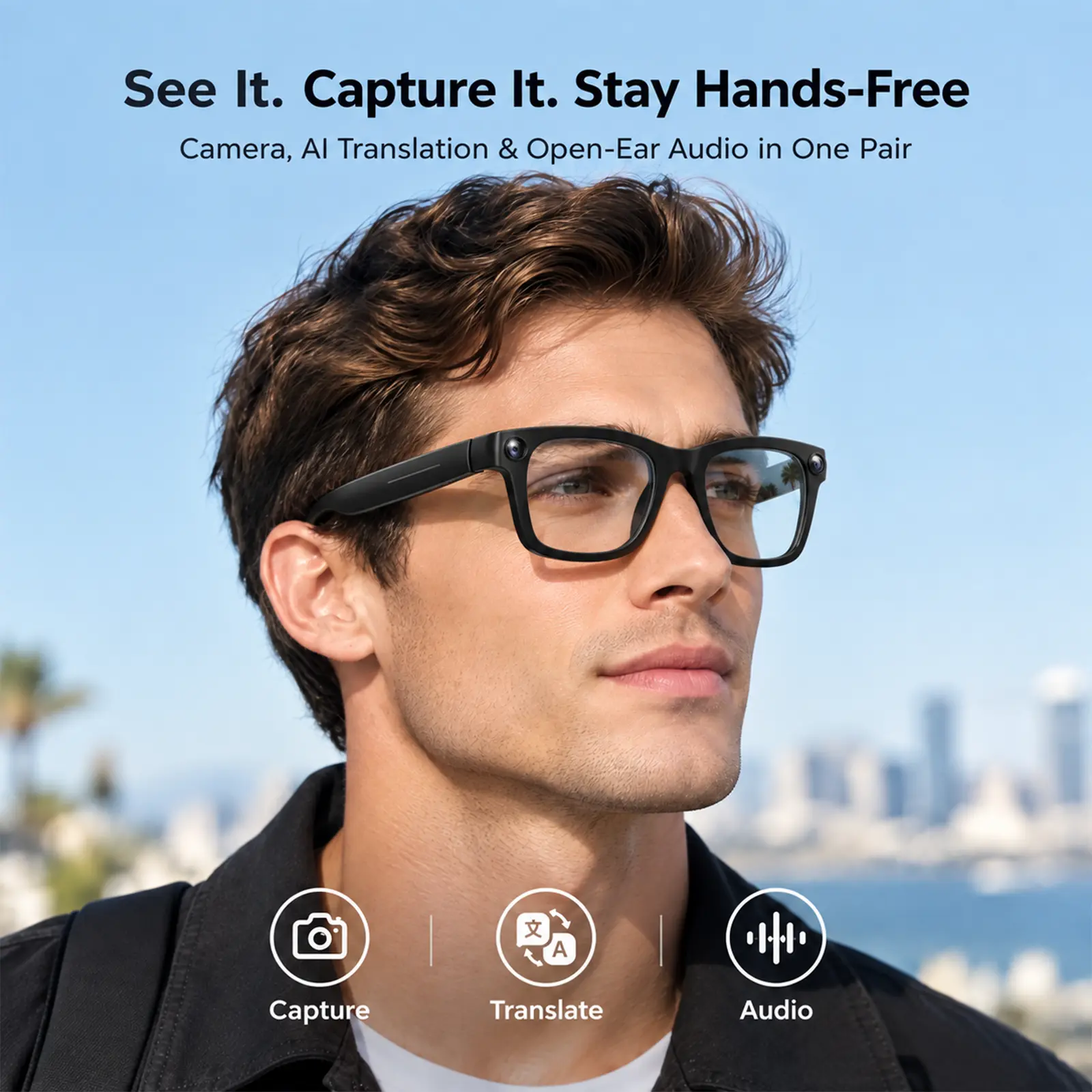 E09 AI Smart Glasses with 8MP Camera, 1080P POV Video, Real-Time Translation, Open-Ear Audio, AI Voice Assistant, Photochromic Lenses, 8GB Storage