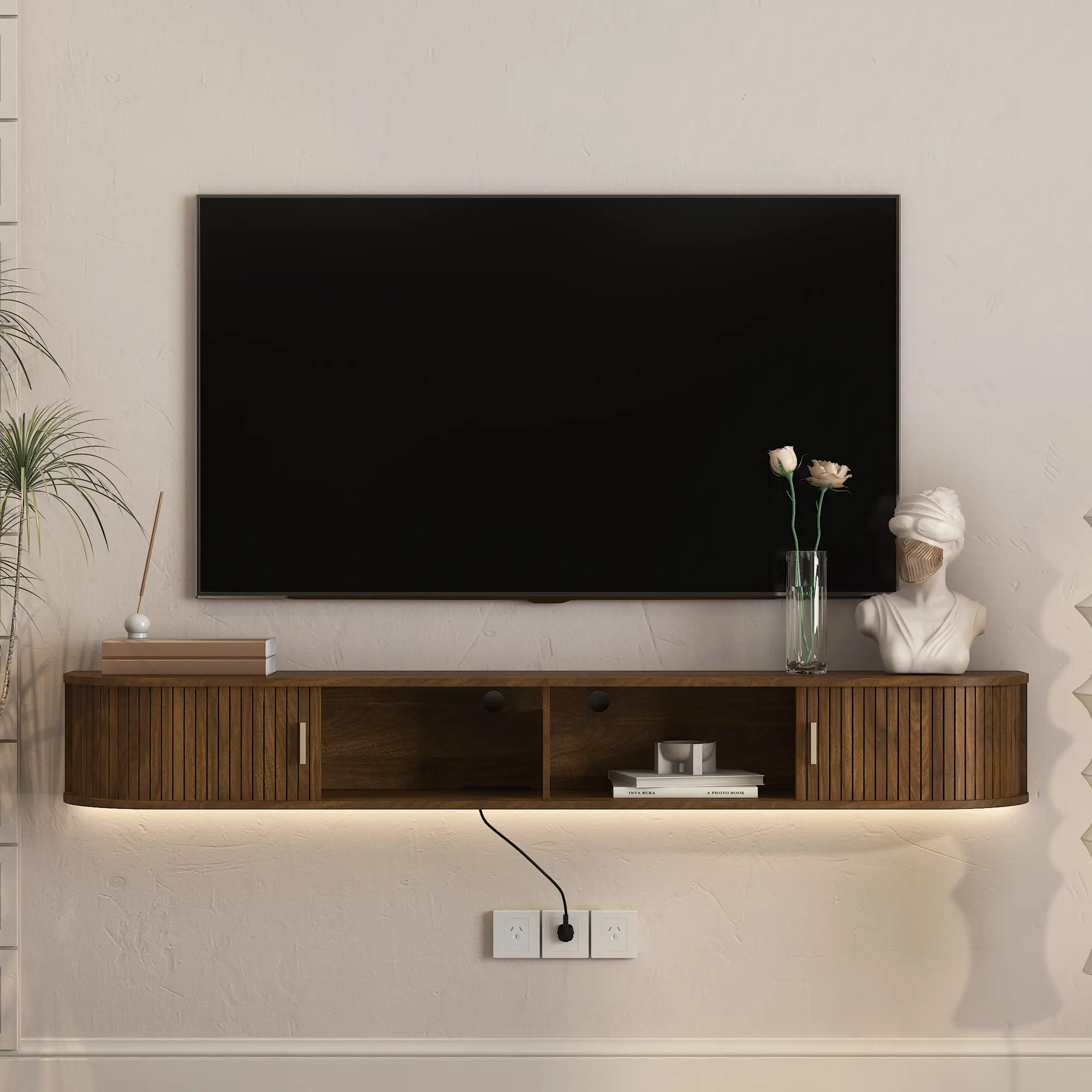 Floating TV Stand Wall Mounted with 16 Color LEDs,69" Modern TV Stand, Mid-Century Curved TV Media Console with Sliding Doors
