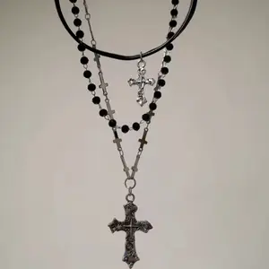 Gothic Punk Style Y2k Bead Cross Pendant Necklace, 3 Pieces/set, Women's Multi-layer Retro Trendy Accessory Jewelry,summervibes