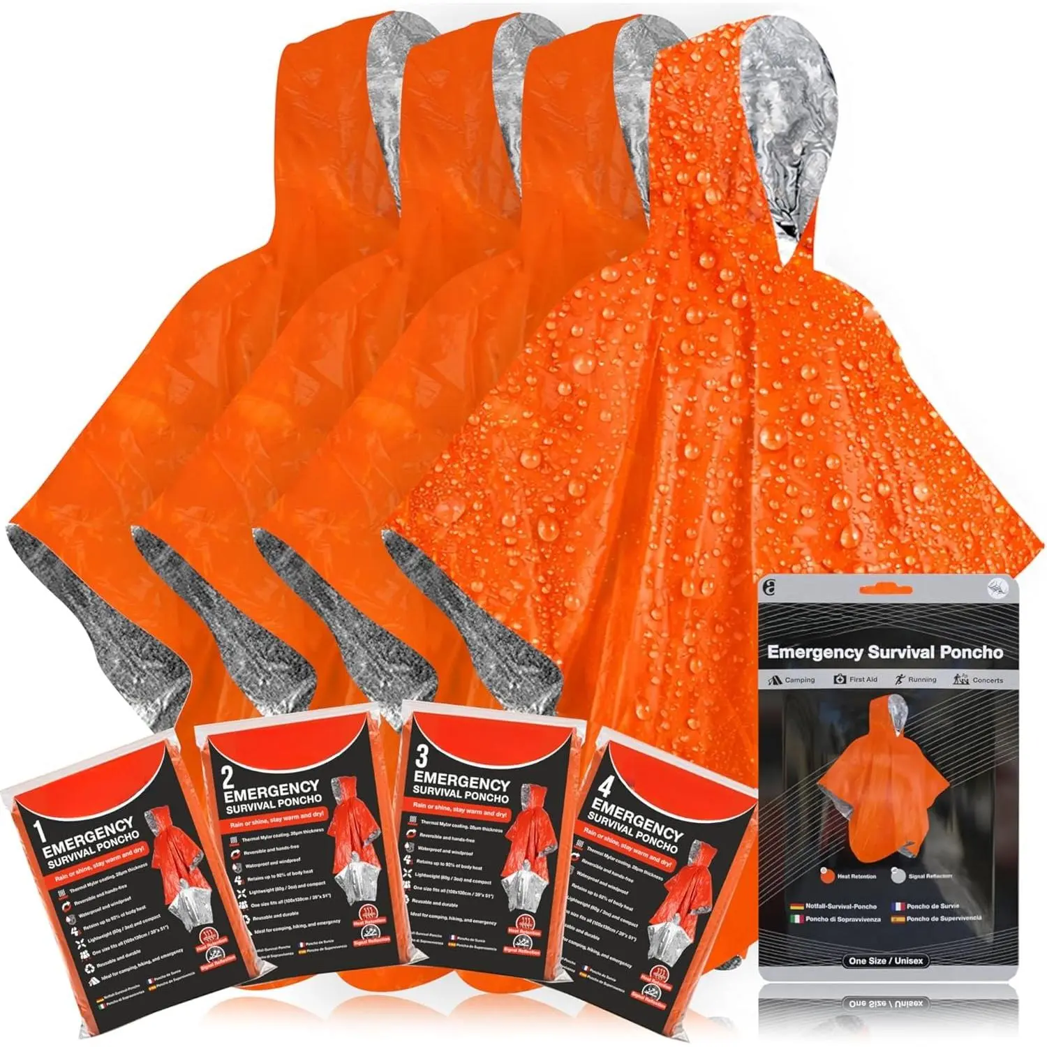 Poncho (4pc) Thermal Mylar Foil Blanket for Heat Retention and Rain | Reversible with Hood | , Windproof, Portable, Hands-Free, Outdoor Kit (Orange)