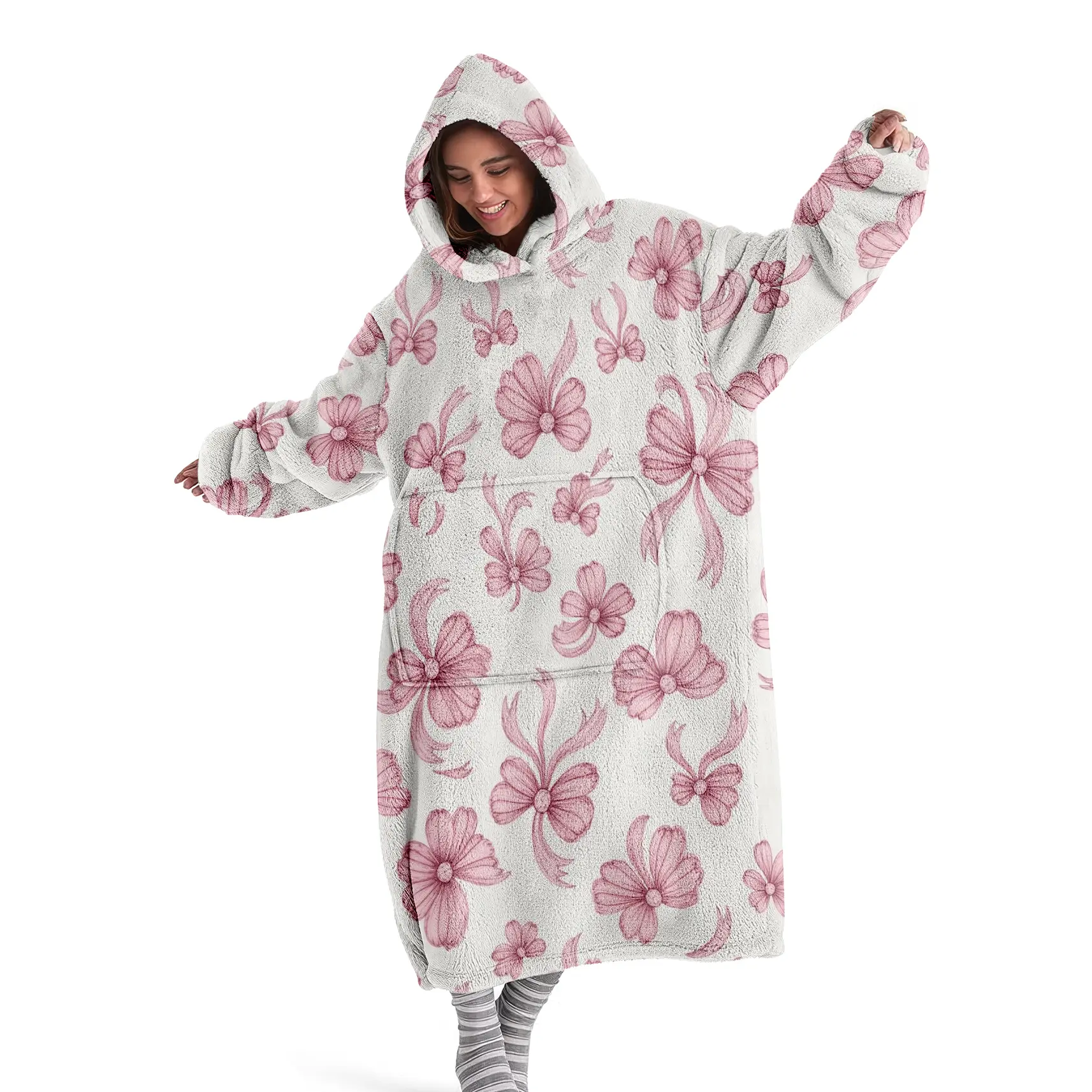 hoodie blanket，Wearable Blanket，Women's Cozy Hooded Blanket Sweatshirt, Wearable Blanket Robe, Fashion Sleepwear, Bow Print Thick Home Clothes，Christmas Gift,Valentine's Day gift