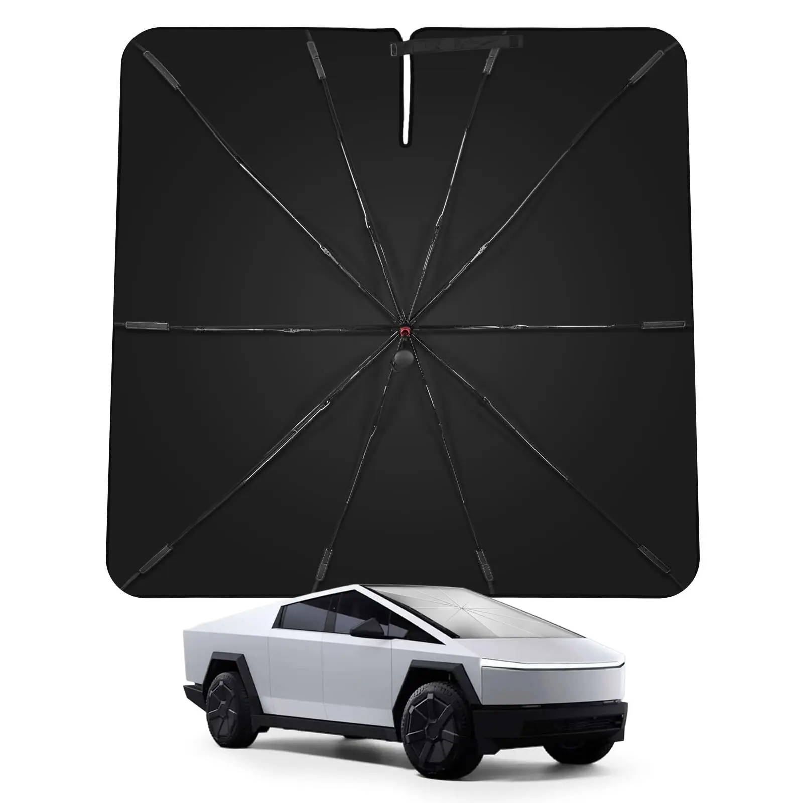 Windshield Sunshade Umbrella for 2024-2025 Tesla Cybertruck, Vinyl Coating Double-Layer Construction, Industrial-Strength Metal Frame, Spring Structure Edge, Heat Shielding, UV Block, Interior Protection