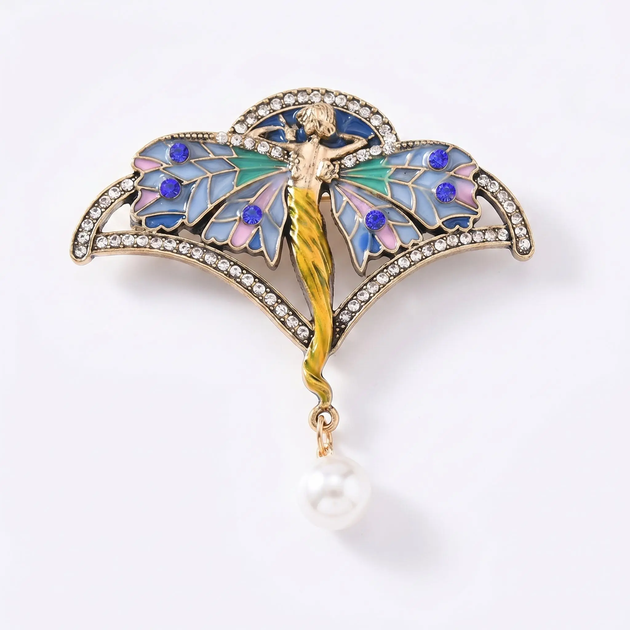 Gold Art Nouveau Angel Brooch with Enamel Wings, Crystal & Pearl Dangle — Statement Lapel Pin for Women