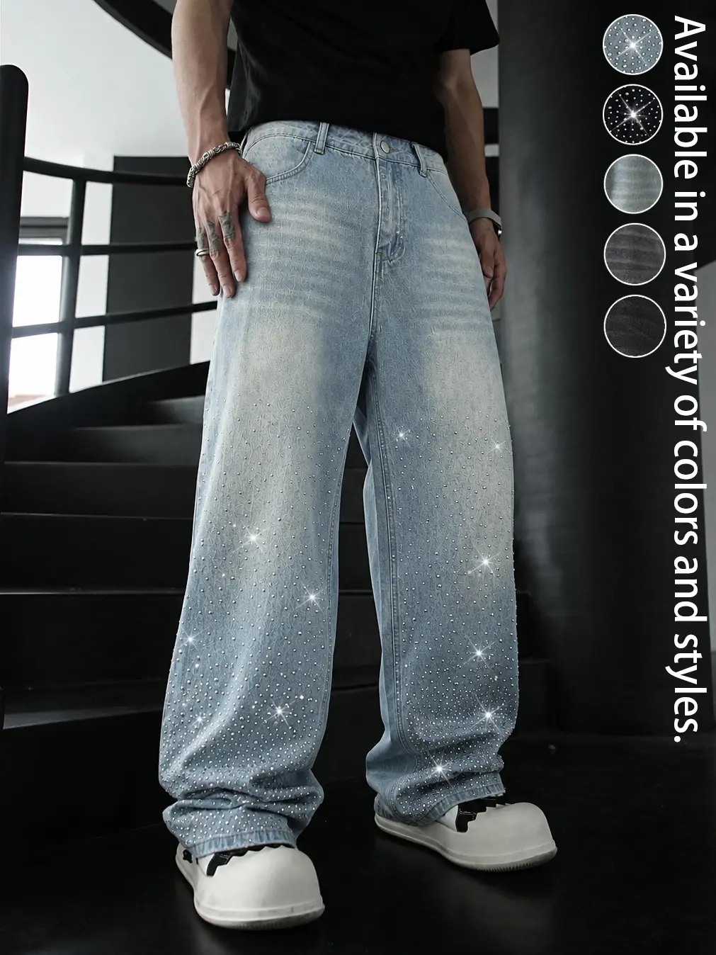 Mens Rhinestone Jeans Vintage Washed Baggy Denim Pants Sparkly Loose Fit Straight Leg Trousers Y2K Hip Hop Streetwear Casual Wide Leg Jeans Retro Distressed Fashion Pants for Men Daily Wear Party Club Concert Festival Outfit Trendy Dance Performance Style