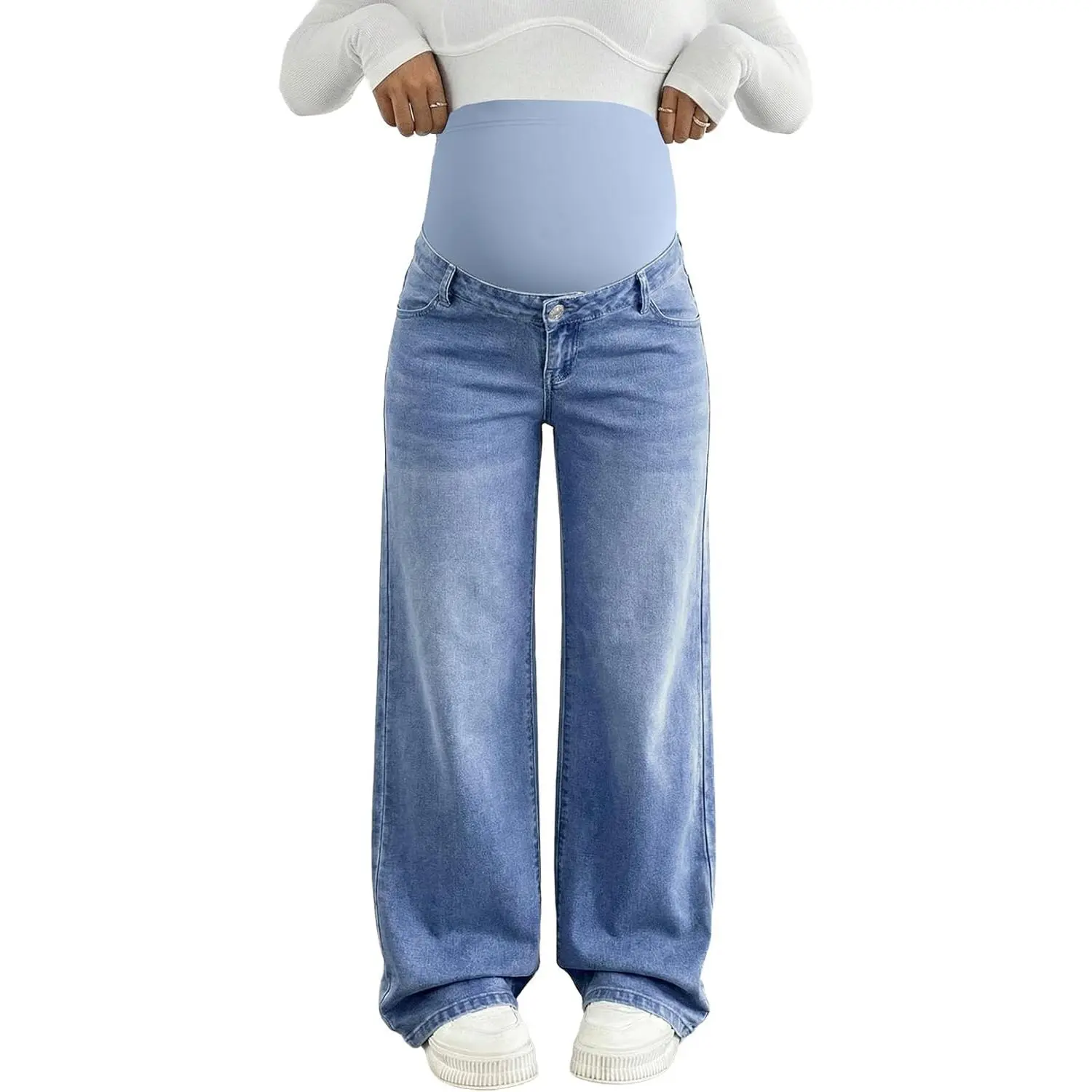 Stylish Wide Leg Maternity Jeans for Women, Stretch Cotton Denim with a Full Over-the-Belly Support Panel for Work & Casual Wear, Maternity Apparel, Pregnancy Bottoms...