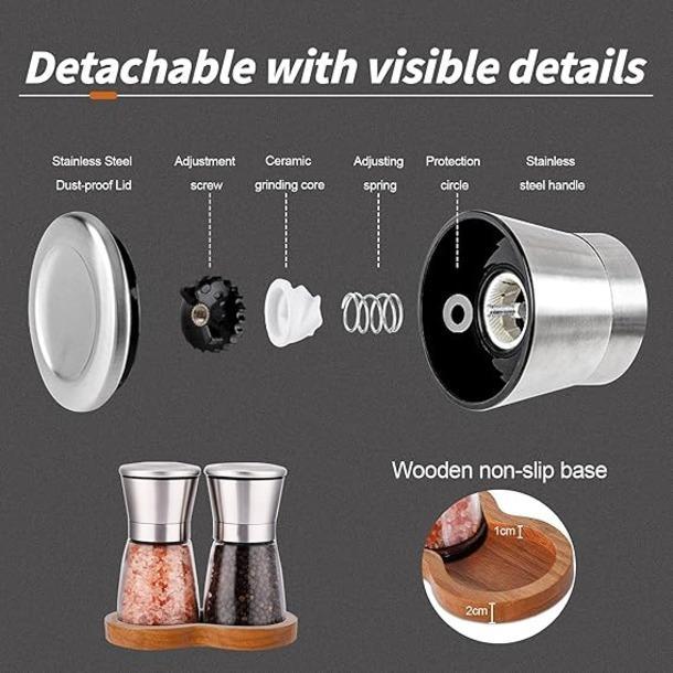 Salt and Pepper Grinder Set with Wooden Standing Tray, Refillable Pepper Mill Set - Brushed Stainless Steel - Short Glass Shakers with Adjustable Coarseness for Peppercorn, Salt or Spice Mills