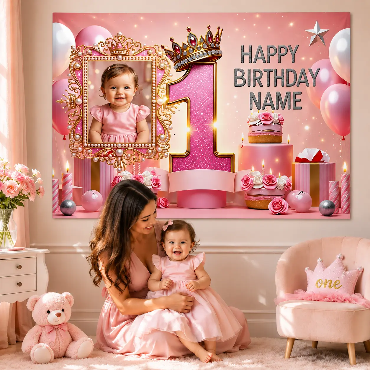 Custom Birthday Party Backdrop Tapestry Personalized Photo Name Age Number Banner Pink Princess Party Decoration for Girls Kids Room Wall Decor