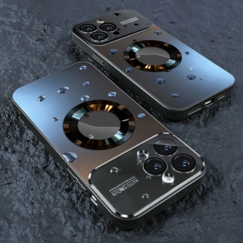 Luxury Titanium-Colored Glass Window Magnetic Wireless Charging Case for iPhone 11-16 Pro Max Plus, Polycarbonate Hard Shell Smartphone Accessory, Shockproof Matte Back Cover, Full Camera Lens Encasing, Magnetic Charge Support