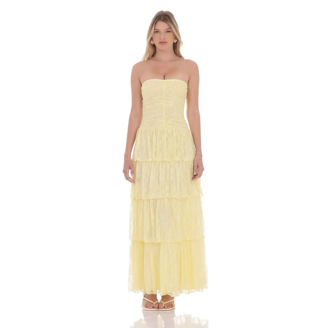 Lucy in the Sky Lace Ruched Ruffle Maxi Dress in Yellow - TikTok Shop