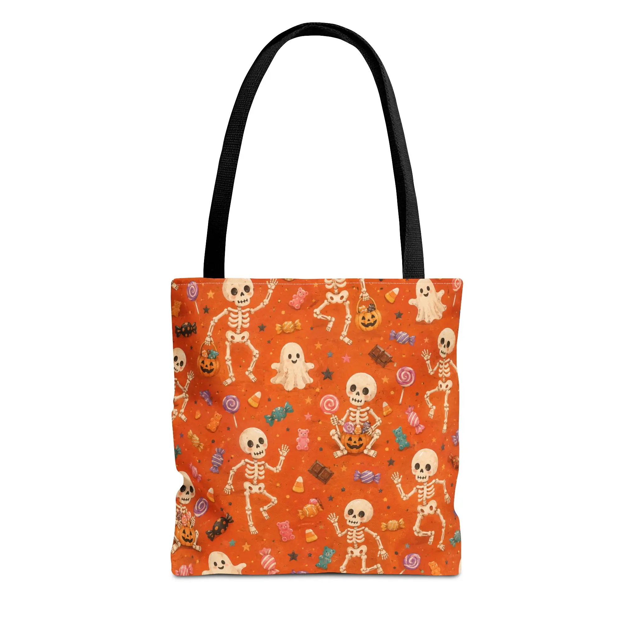 Women's Halloween Fun Casual Tote Bag, Dancing Skeletons & Candy Pattern, Multi-Size Polyester Body with Reinforced Handles