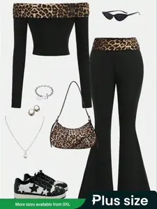 【Plus Size】 Leopard Print Knit Blouse Set, Elegant Colorblock Design, Slim-Fitting Long Sleeve Top & High Waist Flared Pants, Fall Winter Fashion