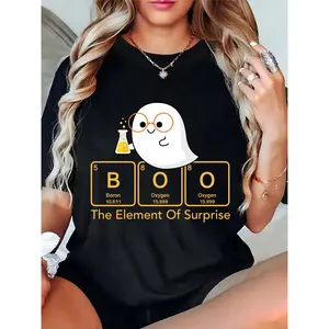 Women's Halloween T-Shirt, Cute Ghost with Glasses & Chemistry Periodic Table Boo (Boron, Oxygen) Design, "The Element Of Surprise" Quote, Casual Party Costume for Chemistry Lovers & Halloween Enthusiasts 100% Cotton T-shirt