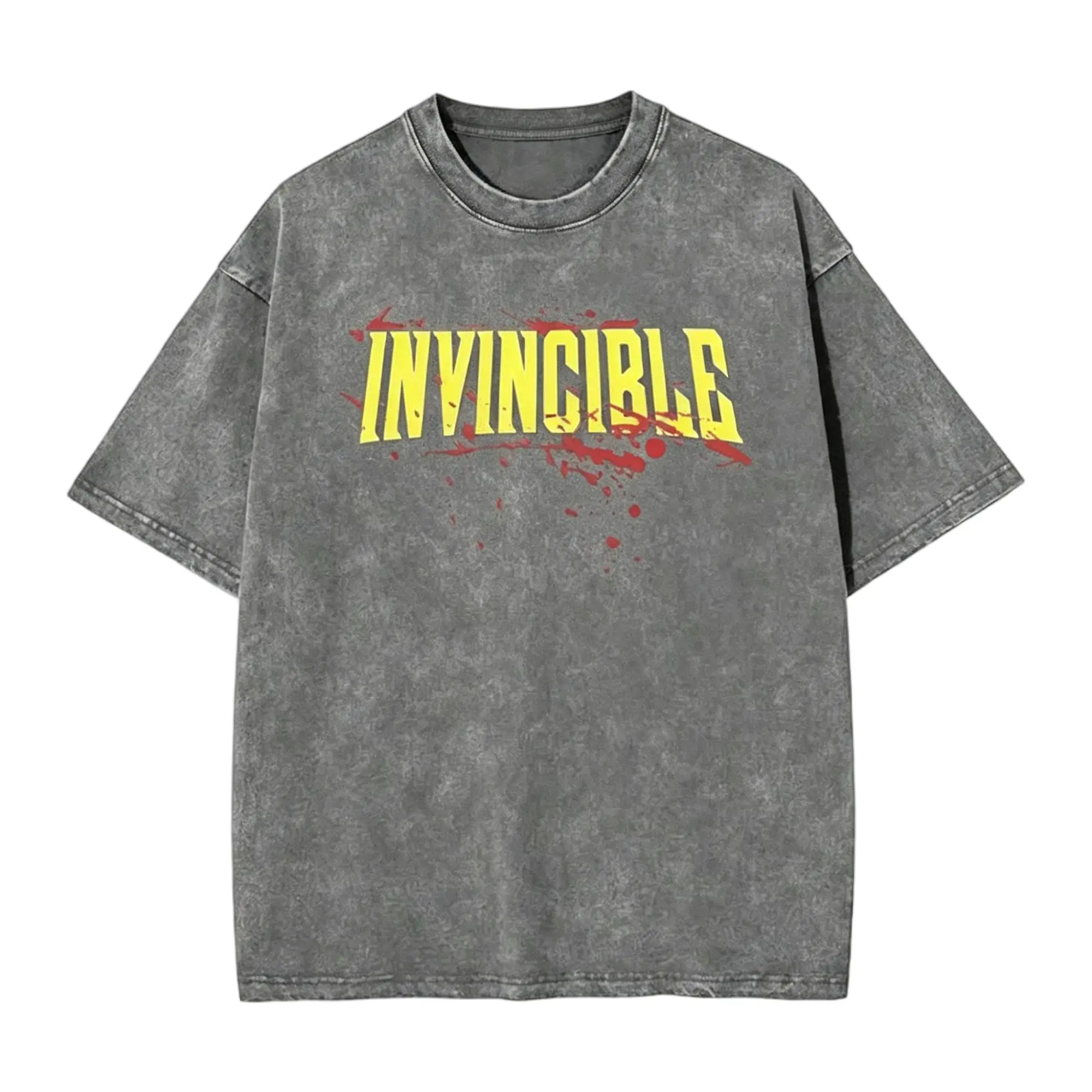 Men's 'Invincible' Blood Splatter Oversized Short-Sleeve Graphic T-Shirt, Washed Cotton Round Neck Alternative Streetwear Bold Statement Top, Tops, Cold Wash Only, Do Not Dry Clean, Print