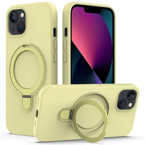 For iPhone 13 Liquid Silicone MagSafe Magnetic Phone Case with Ring Holder(Yellow)