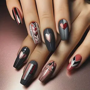 24pcs Ballerina Shape Glossy False Nails, Geometric Heart Line Design Elements, Perfect for Women Nail Art Decoration