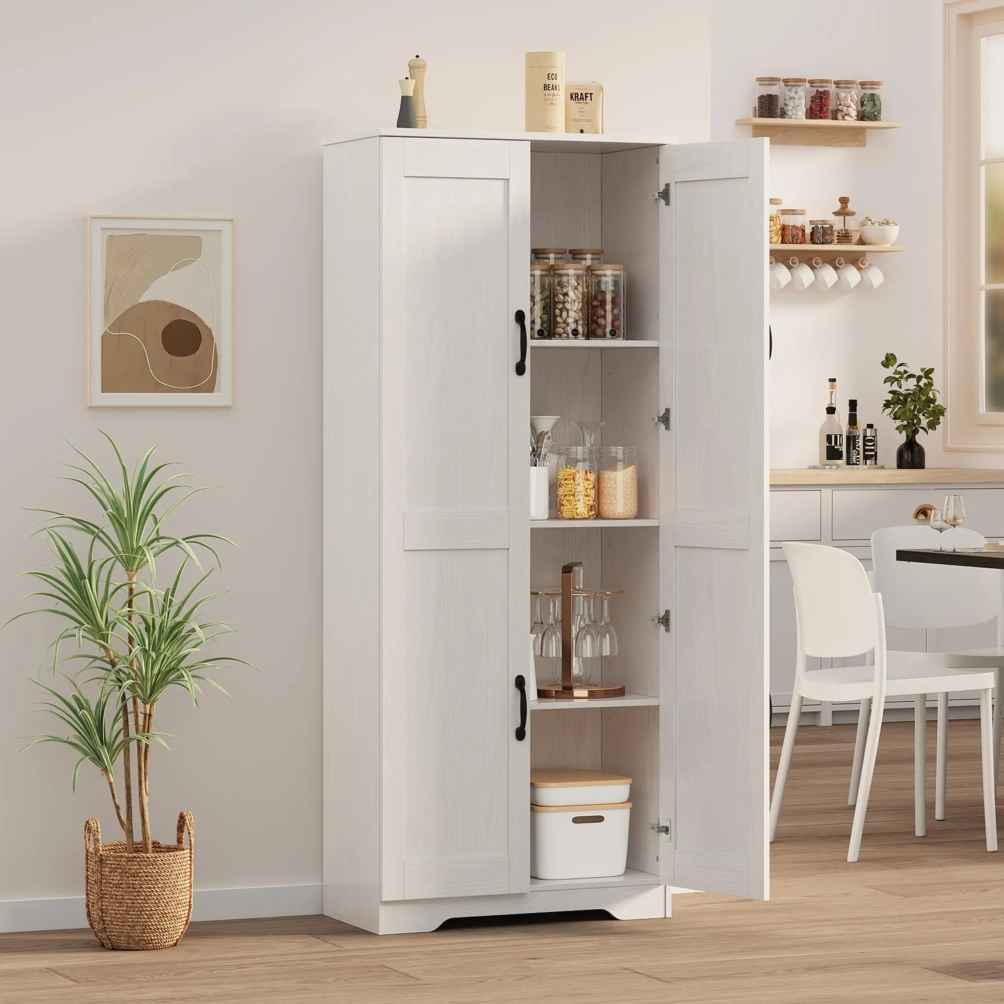 Garvee Tall Pantry Cabinet, 60" Kitchen Pantry Storage Cabinet with 2 Doors and Adjustable Shelves, Freestanding Kitchen Cabinet, Cupboard for Dining Room, Bathroom
