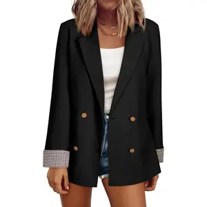 Womens Blazers Plaid Cuff Double Breasted Open Front Business Casual Office Suit Jackets Work Outfits