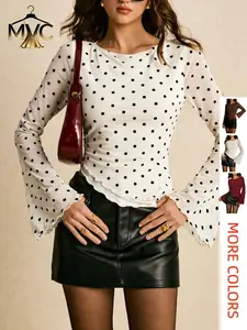 Elegant Women's Polka Dot Bell Sleeve Fitted T-Shirt with Asymmetrical Hem, Long Sleeve Autumn Top for Commuting, Fashionable Chic Ladies Wear