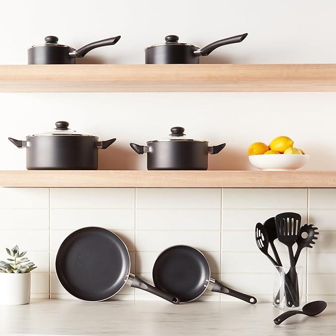 15-piece non-stick cookware set, including pot, frying pan, and cutlery, black.