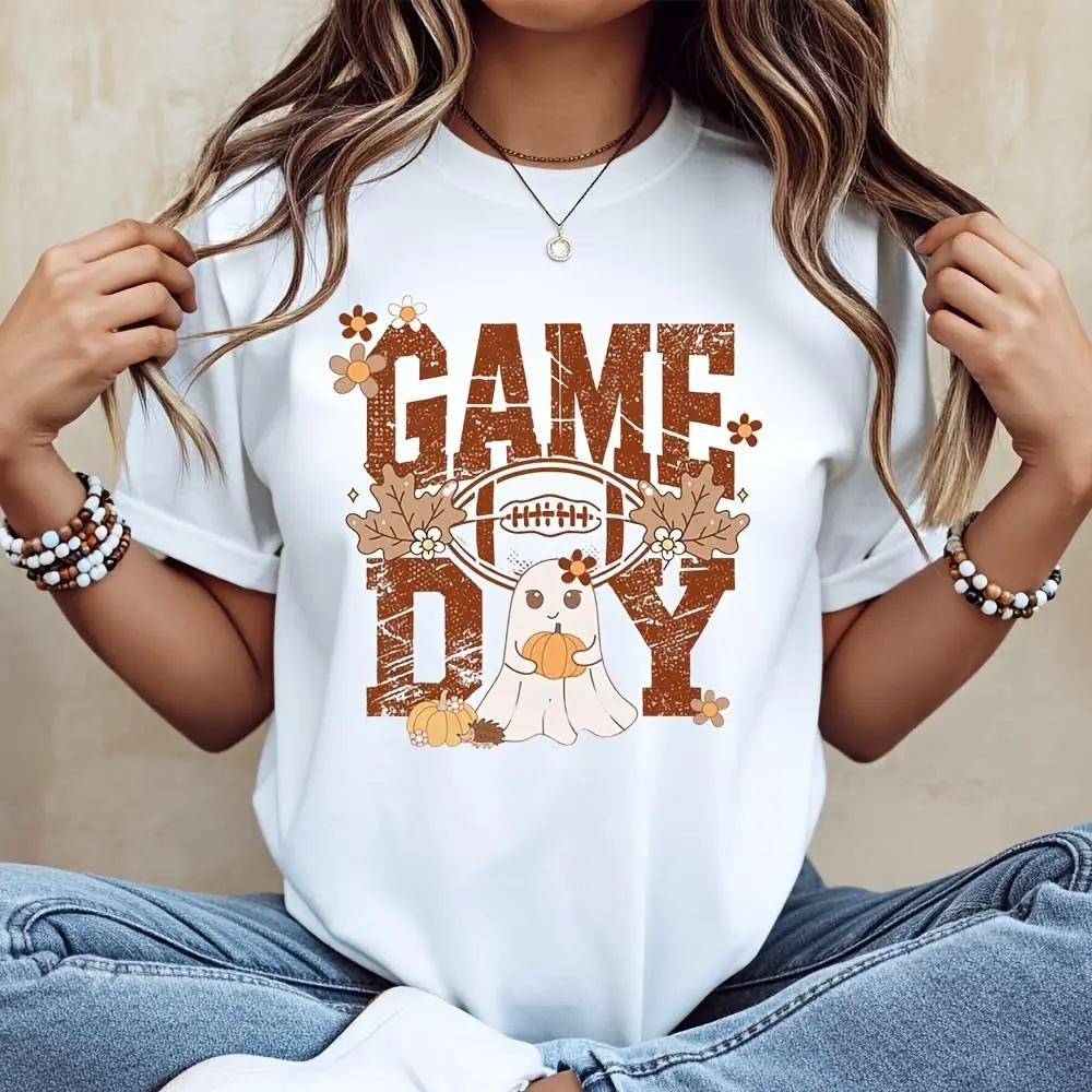 Game Day Ghost Pumpkin Print T-Shirt, Fall Football Season Halloween Graphic Tee, Autumn Game Day Party Casual Wear
