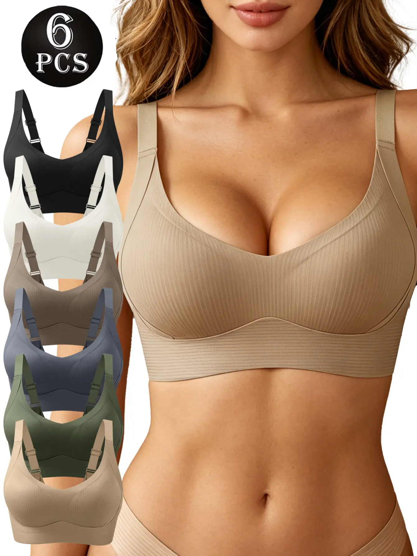 Women's 6‑Pack Seamless Wireless Bras, V‑Neck Full Coverage Bra, Back Smoothing High Stretch Breathable Adjustable Straps Removable Pads, Light Support Daily Yoga Everyday Wear