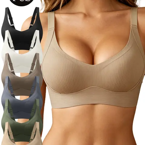 Women's 6-Pack Minimalist Basic Full Coverage Seamless Wireless Bralettes for Women, V-Neck Elastane Blend, Back Smoothing, High Stretch, Breathable, Adjustable Straps, Removable Pads, Light Support, All-Season Daily Yoga Wear, Lightweight Bralettes
