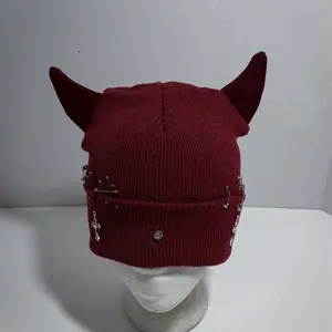 Red Devil Horn Beanie with Unique Studs and Ears for Stylish Warmth