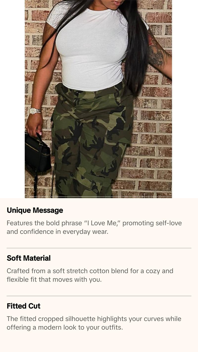 "I Love Me" Graphic Fitted Baby Tee - White Cotton Blend Cropped Top for Women's Comfortable Everyday Wear