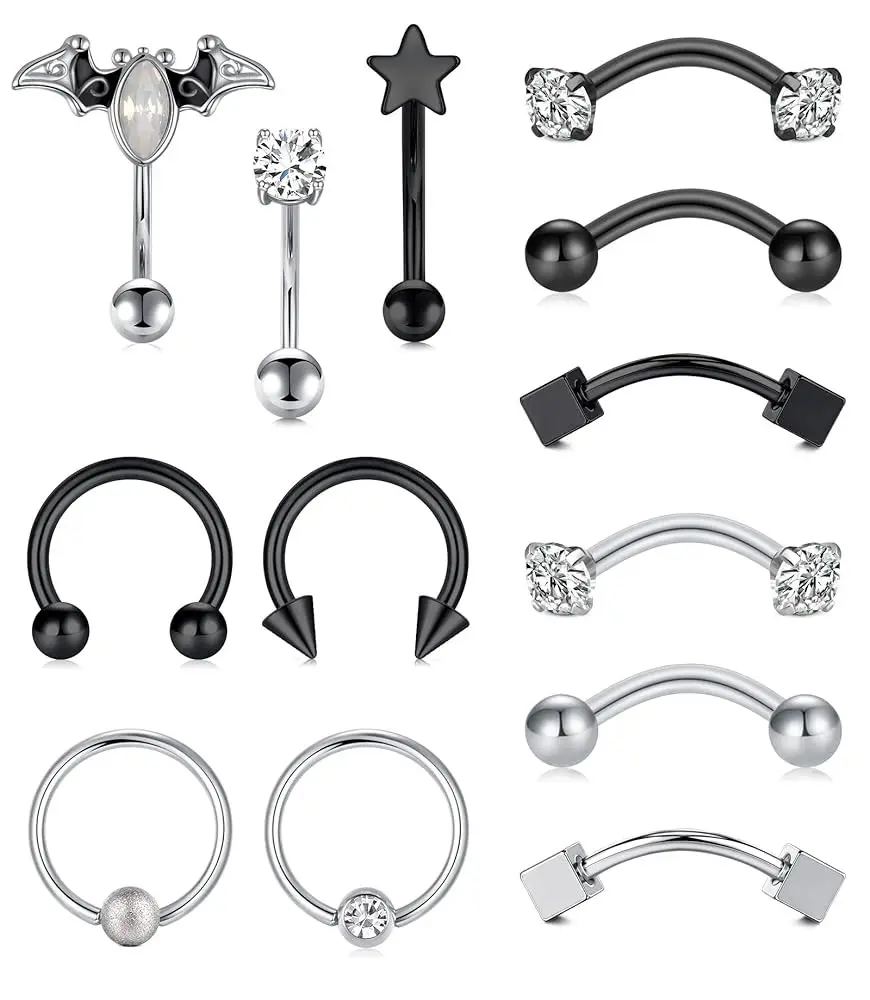 16G Rook Curved Barbell Piercing Jewelry Surgical Steel Rook Earrings Eyebrow Rings for Women Horseshoe Rook Eyebrow Septum Piercing Hoop Silver Black